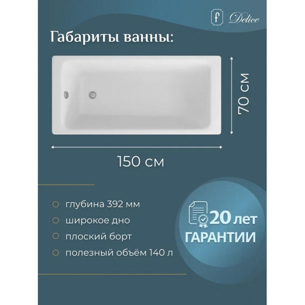 Ванна чугунная Delice Parallel DLR220503RB-AS 150х70 с черными матовыми ручками — изображение 4