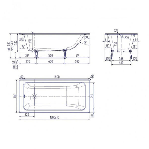 Ванна чугунная Delice Parallel DLR220503RB-AS 150х70 с черными матовыми ручками — изображение 6