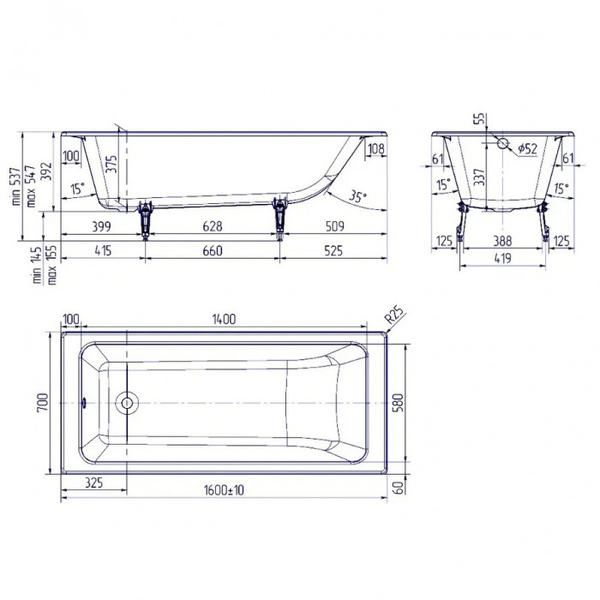 Ванна чугунная Delice Parallel DLR220504RB 160х70 с черными матовыми ручками — изображение 4