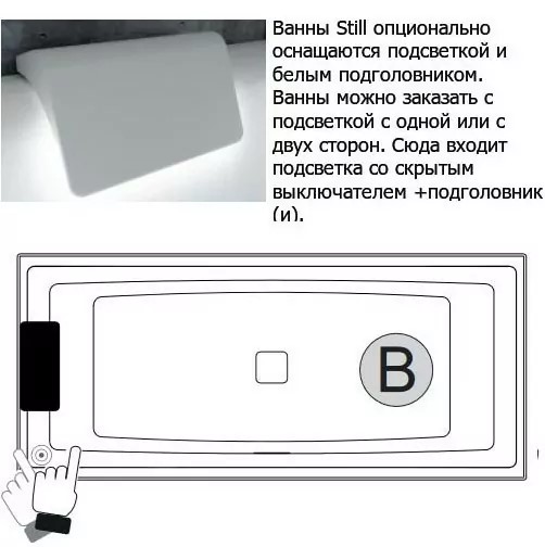 Акриловая ванна с подсветкой Riho Still Square LED B100004005 170х75см светодиоды и подголовник слева белый — изображение 4