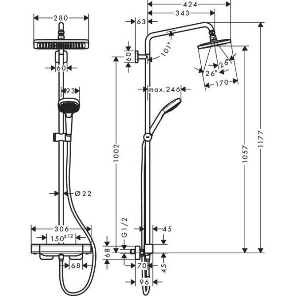 Hansgrohe Душевая стойка Croma E 280 1jet Showerpipe 27630000 с термостатом — изображение 6