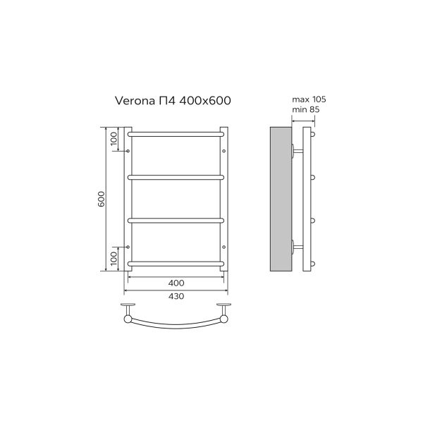 Azario Полотенцесушитель водяной VERONA AZ04146 400/600 4 секции, нижнее/диагональное подключение, 1/2, хром — изображение 5