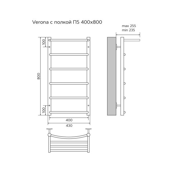 Azario Полотенцесушитель водяной VERONA AZ04148P 400/800 с полкой, 5 секций, нижнее/диагональное подключение, 1/2, хром — изображение 5