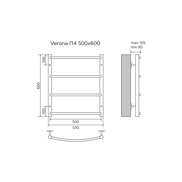 Azario Полотенцесушитель водяной VERONA AZ04156 500/600 4 секции, нижнее/диагональное подключение, 1/2, хром — изображение 5