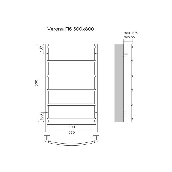 Azario Полотенцесушитель водяной VERONA AZ04158 500/800 6 секций, нижнее/диагональное подключение, 1/2, хром — изображение 5
