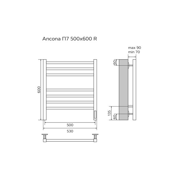 Azario Полотенцесушитель электрический ANCONA AZ71856W 500/600 квадрат, 7 секций, диммер справа, белый — изображение 5