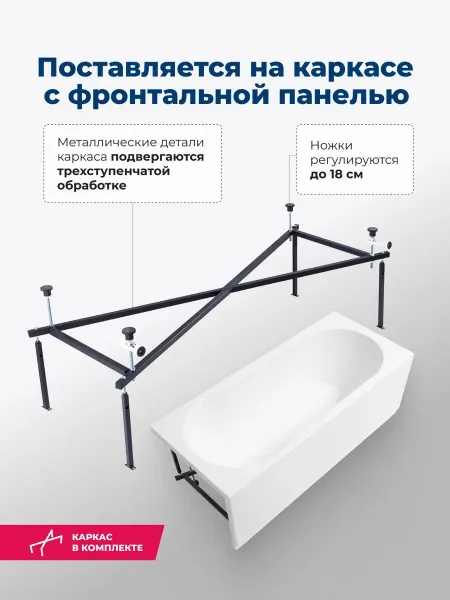 Aquanet Акриловая ванна Light 347155 170x70 см с каркасом и фронтальной панелью — изображение 6