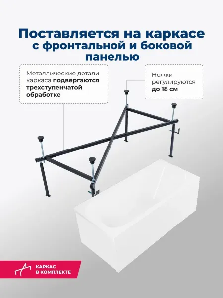 Aquanet Акриловая ванна West 347899 140x70 см с каркасом с боковой и фронтальной панелями — изображение 7