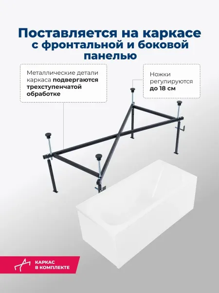 Aquanet Акриловая ванна West 347901 160x70 см с каркасом с боковой и фронтальной панелями — изображение 8