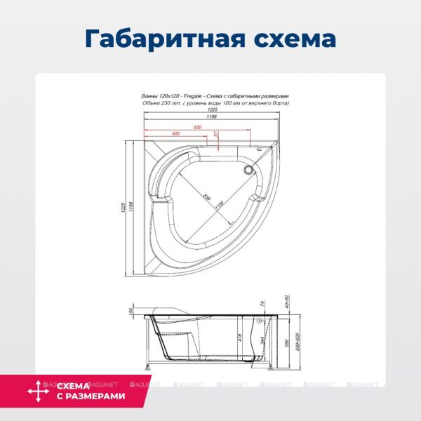 Aquanet Акриловая ванна Fregate 205488 120 см с каркасом — изображение 9