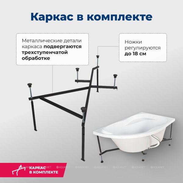 Aquanet Акриловая ванна Graciosa 205325 150x90 см левая с каркасом — изображение 5
