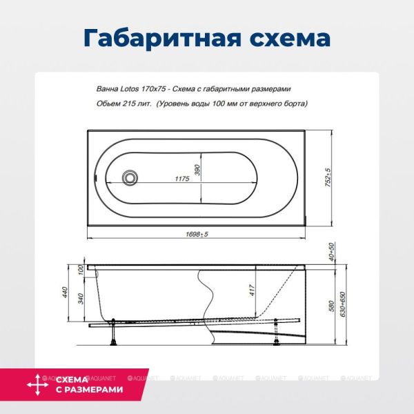 Aquanet Акриловая ванна Lotos 311882 170x75 см с каркасом — изображение 13