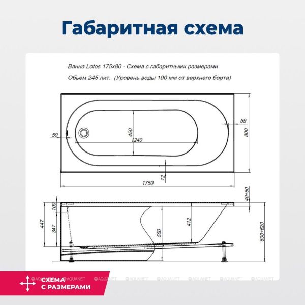 Aquanet Акриловая ванна Lotos 328870 175x80 см с каркасом — изображение 12