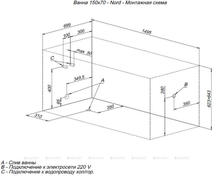 Aquanet Акриловая ванна Nord 242401 150x70 см с каркасом — изображение 10